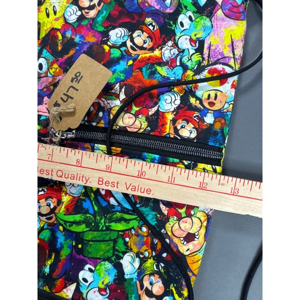 Handmade Super Mario Bros Graffiti Drawstring Backpack Black Cork Bottom 16x13